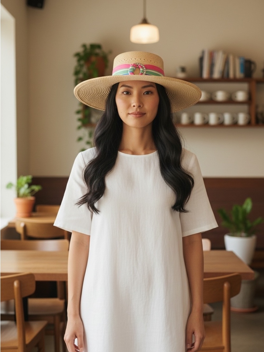 Wide-Brim Straw Hat with Pink & Green Striped Band‎